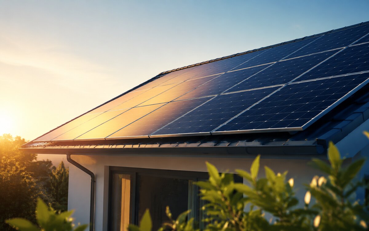 Painéis solares residenciais iluminados pela luz dourada da manhã