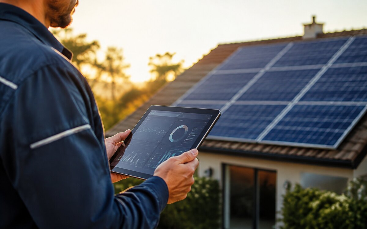 Profissional analisando o desempenho de um sistema solar pelo tablet