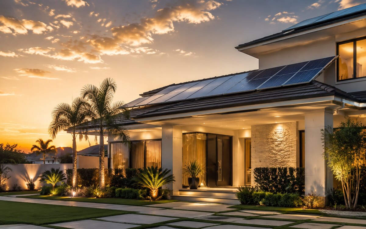 Residência contemporânea valorizada com painéis solares integrados ao telhado
