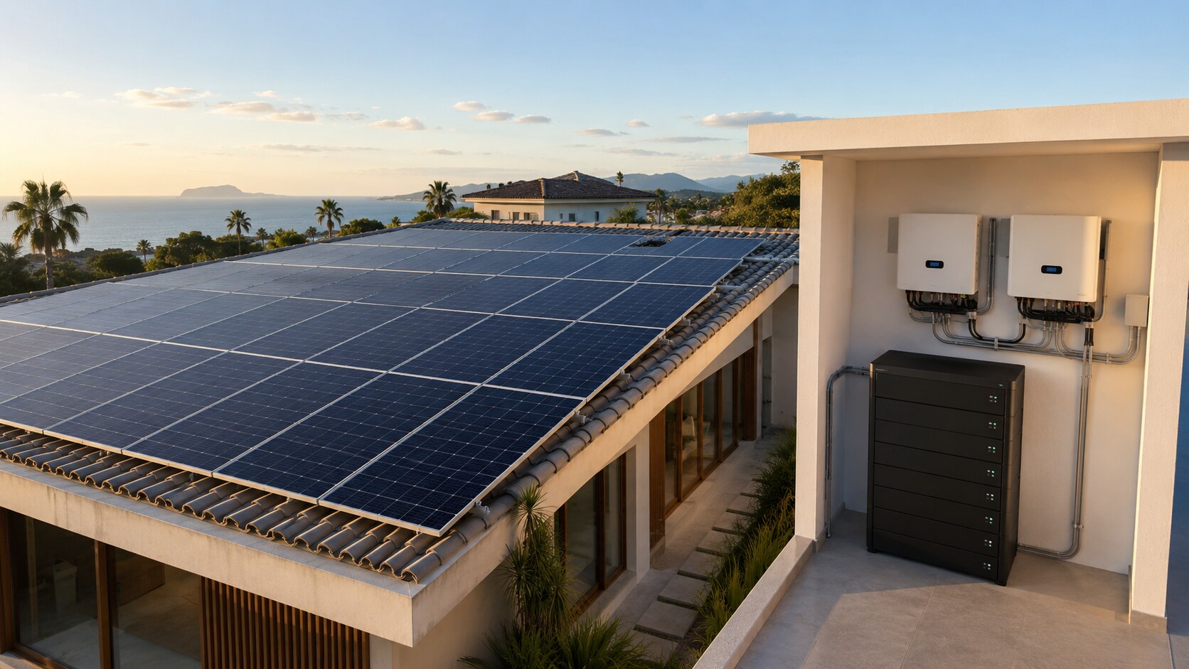 Residência com painéis solares, inversores híbridos e banco de baterias