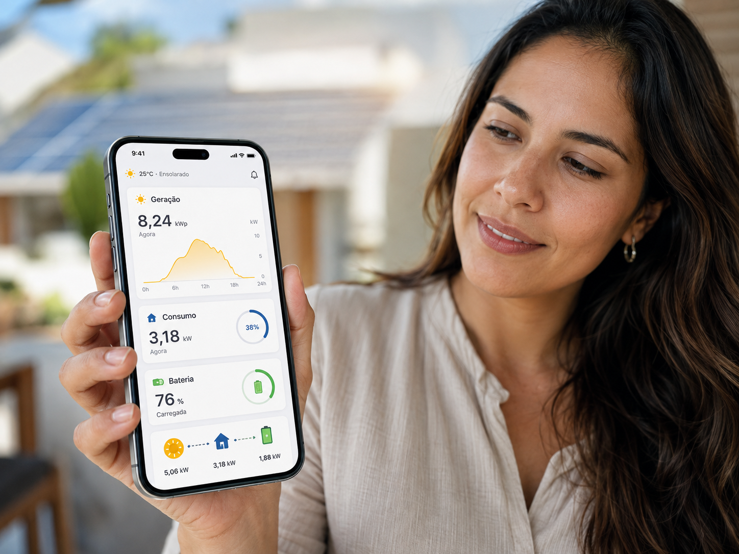 Mulher analisando em um iPhone o painel de geração, consumo e bateria do sistema de energia solar
